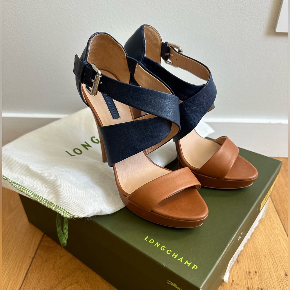 Longchamp Blue and Tan high-heeled Sandals